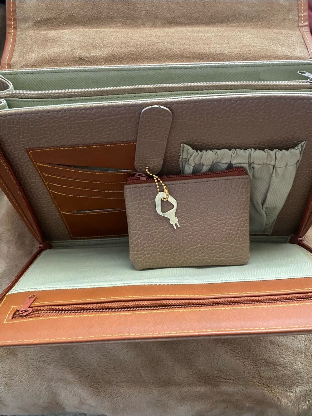 Dooney & Burke Pebbled Taupe Satchel Turn Lock with Tan Trim and Gold Hardware - Picture 13 of 16